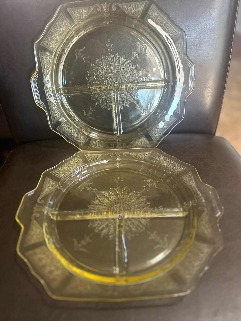 Set of 2 Vintage Anchor Hocking princess yellow gold grilling 3-dived plates